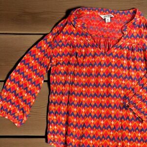 Lucky Brand Blouse Women XS Top Geometric 3/4‎ Puff Boho Southwestern Chevron